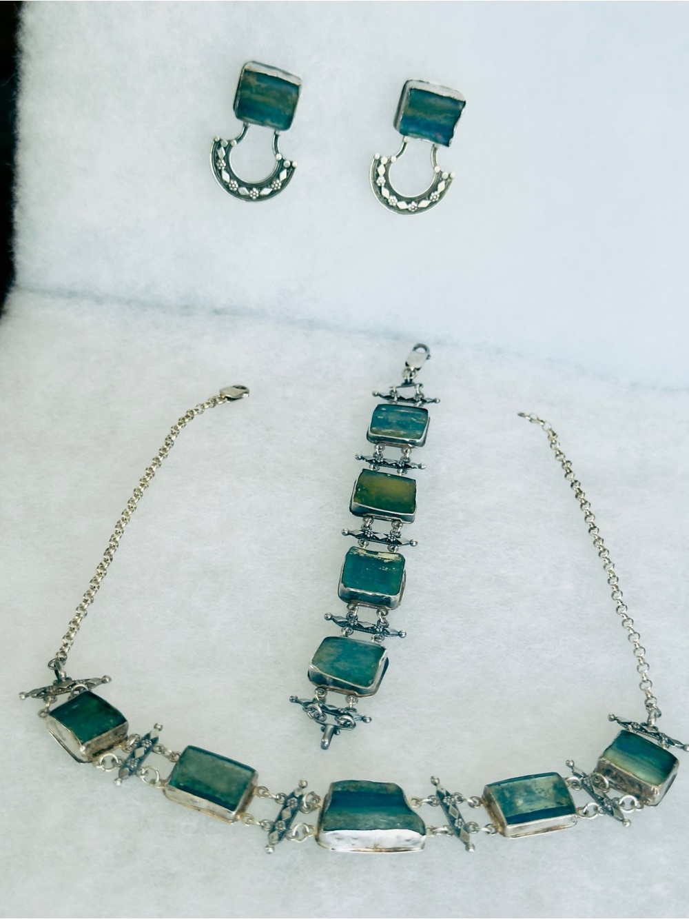 Roman glass,sterling silver 925 set of earrings necklace and bracelet hand made